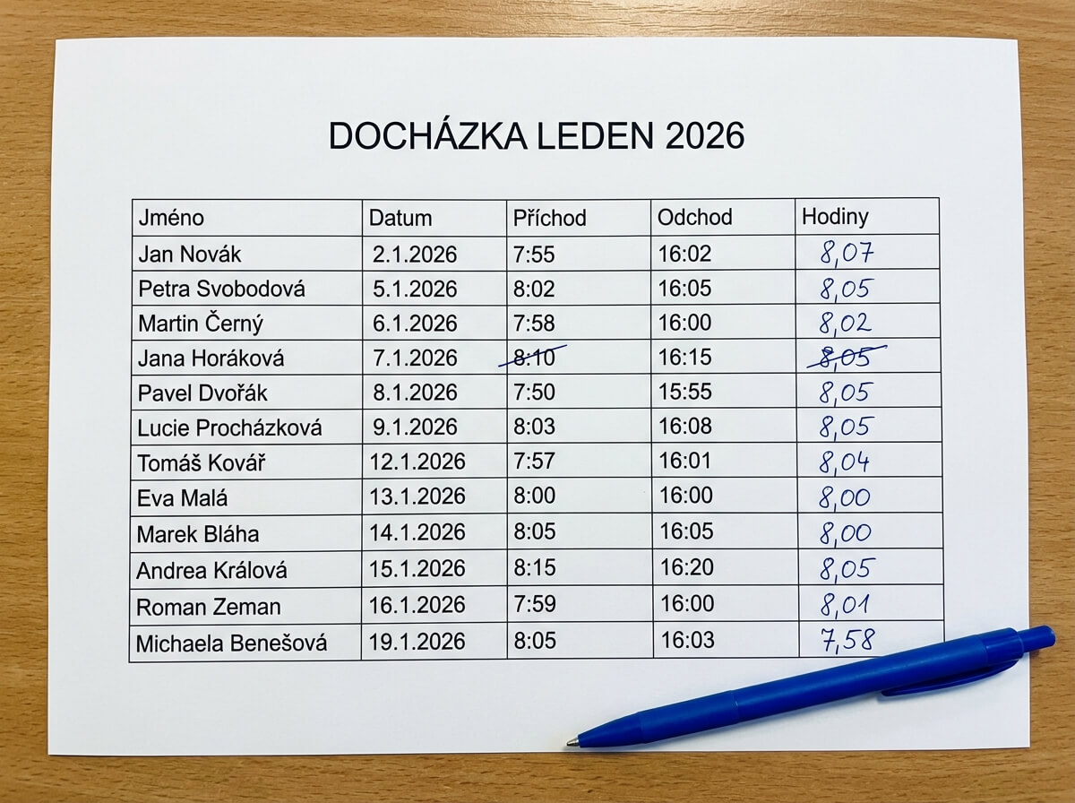 Tištěný papírový docházkový list s ručně dopsanými hodinami