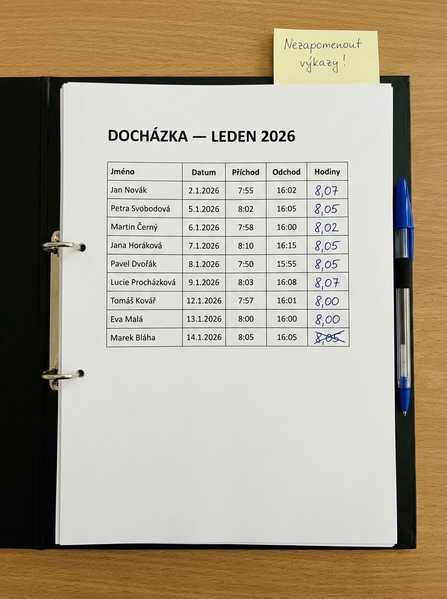 Tištěný docházkový list v pořadači, hodiny dopisované rukou