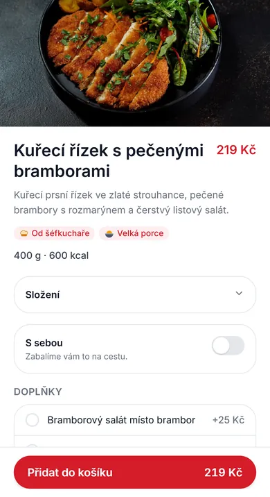 Detail jídla v aplikaci Kverko na telefonu hosta: fotka, cena, složení a přidání do košíku
